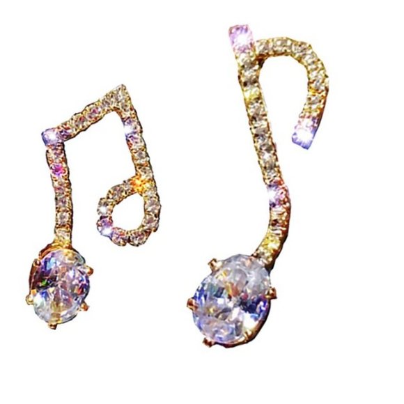Music Notes Earrings in Gold Zinc Alloy & Crystals.  Beam Quaver, 8th Notes - Picture 1 of 13